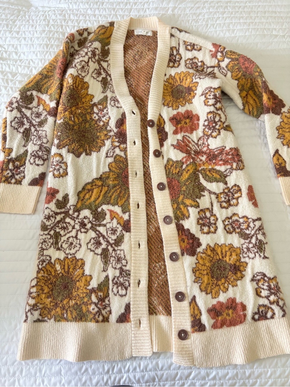 Floral Knit Long Cardigan in Cream with Mustard & Rust